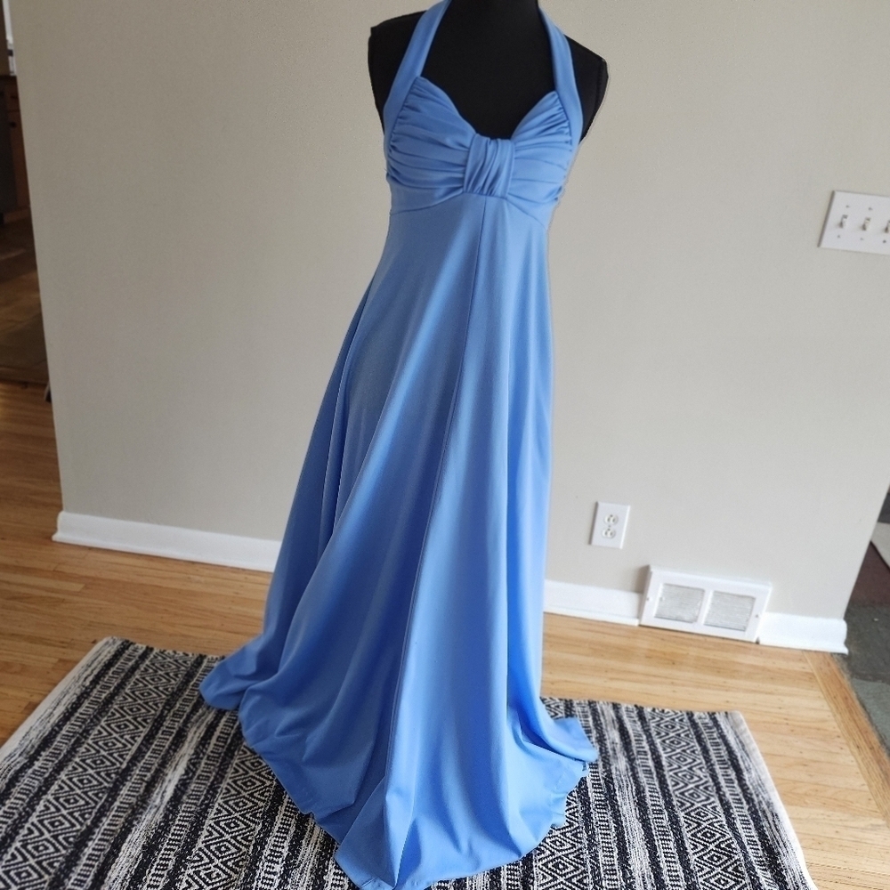 Vintage Circa 1970s Elegant Blue Halter Dress